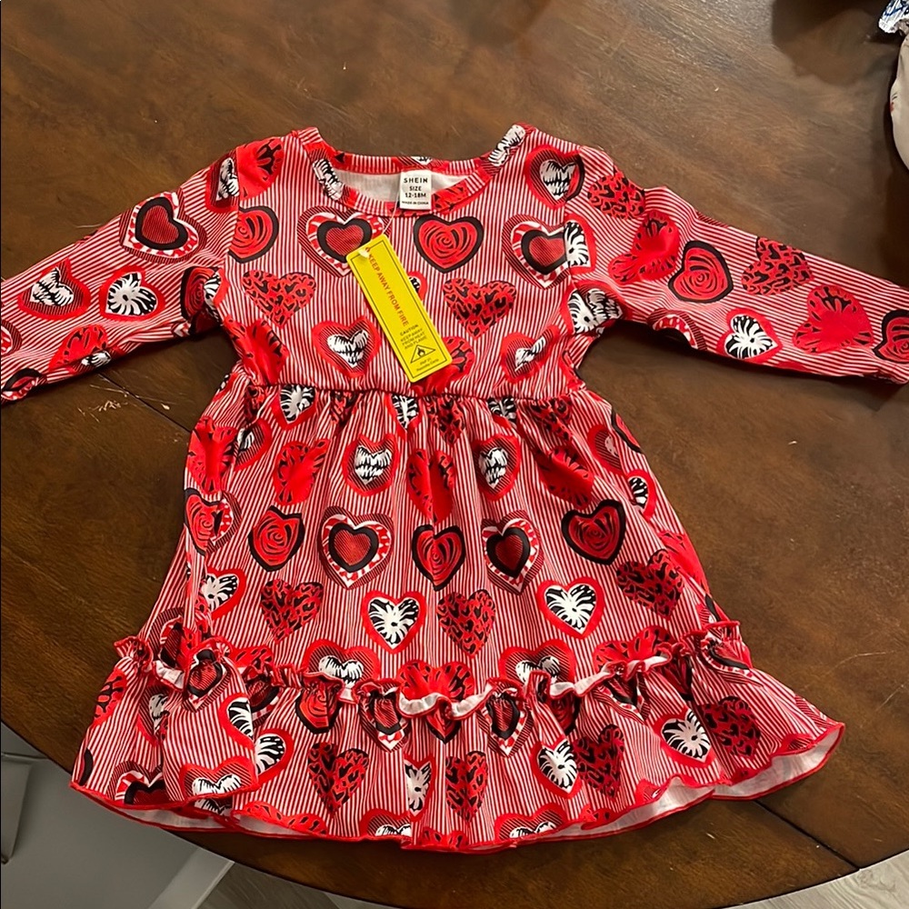 Heart Patterned Red Kids Dress
